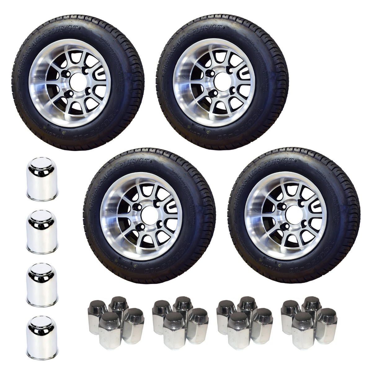 Two Pair of Aluminum Golf Cart 10 Spoke Wheels W/ 4 Center Caps & 16 Lug Studs